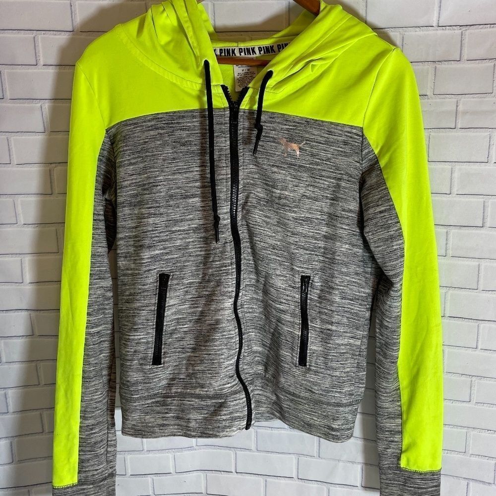VS Pink Marled Grey/Lime Green Zip Hoodie Sz‎ M
